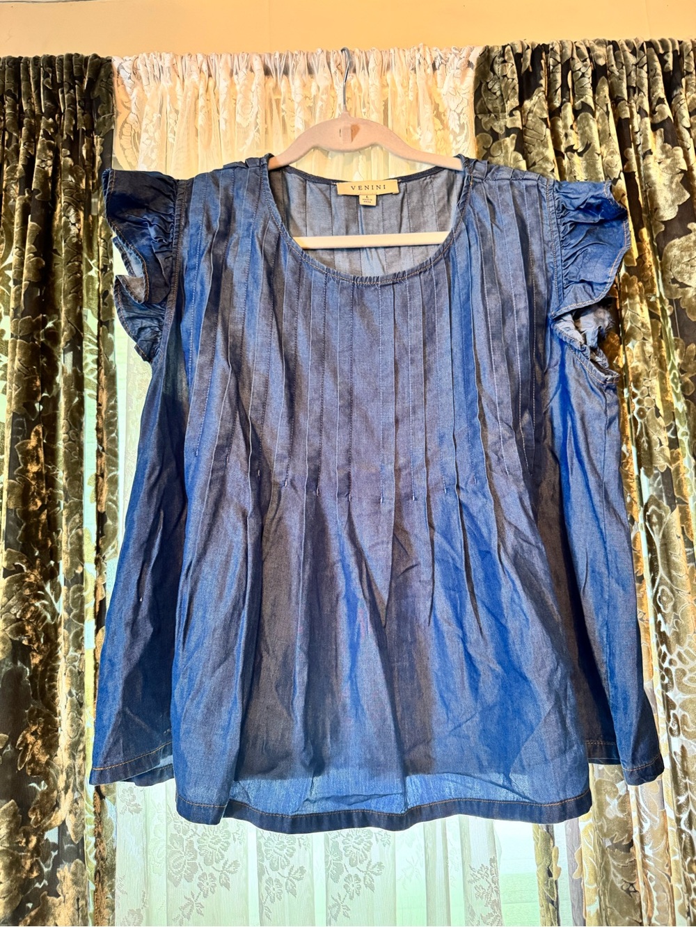 Venini Indigo Pintuck Ruffle Sleeve Blouse